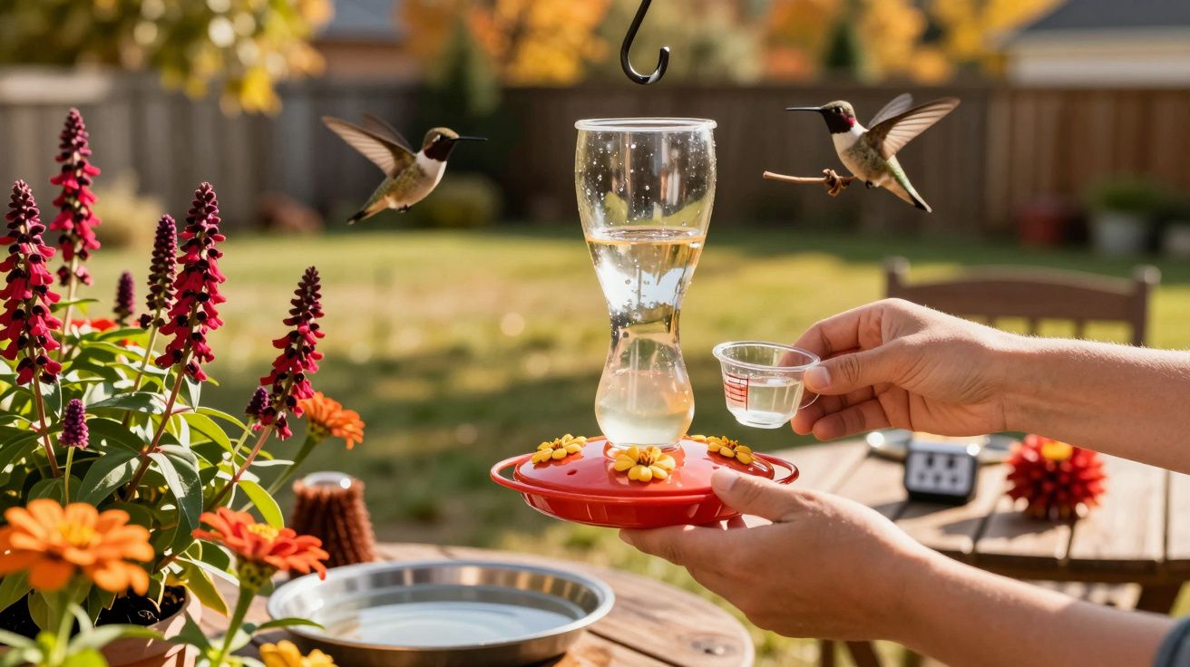 Zwei Kolibris umschwirren einen Nektarspender im Garten. Blumen und Bäume im Hintergrund. Hände füllen den Spender nach.