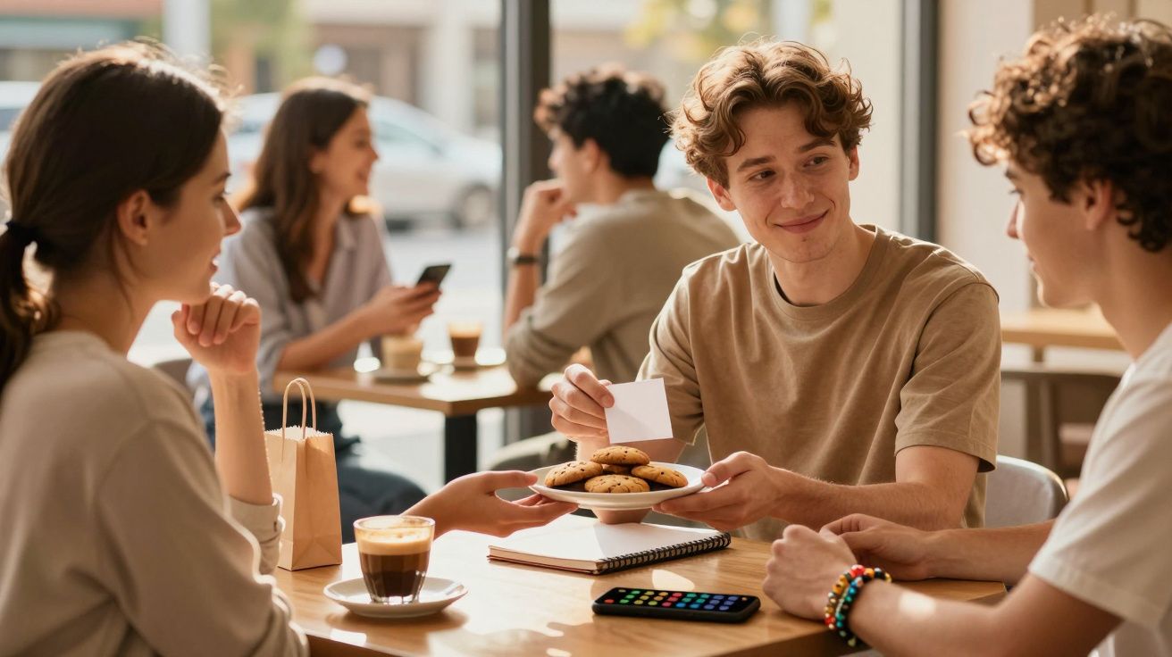 Junge Menschen in einem Café, die Kekse und Kaffee genießen, während sie sich unterhalten.