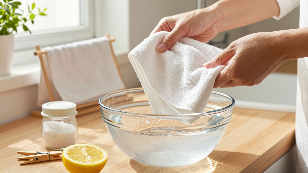 Hände wringen ein weißes Tuch über einer Schüssel. Zitrone und Glas mit Pulver auf dem Holztisch sichtbar.