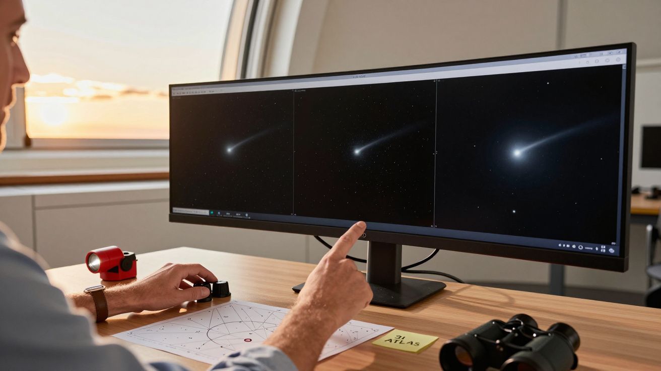 Person analysiert auf einem Bildschirm Aufnahmen eines Kometen. Teleskop und Notiz auf dem Tisch.