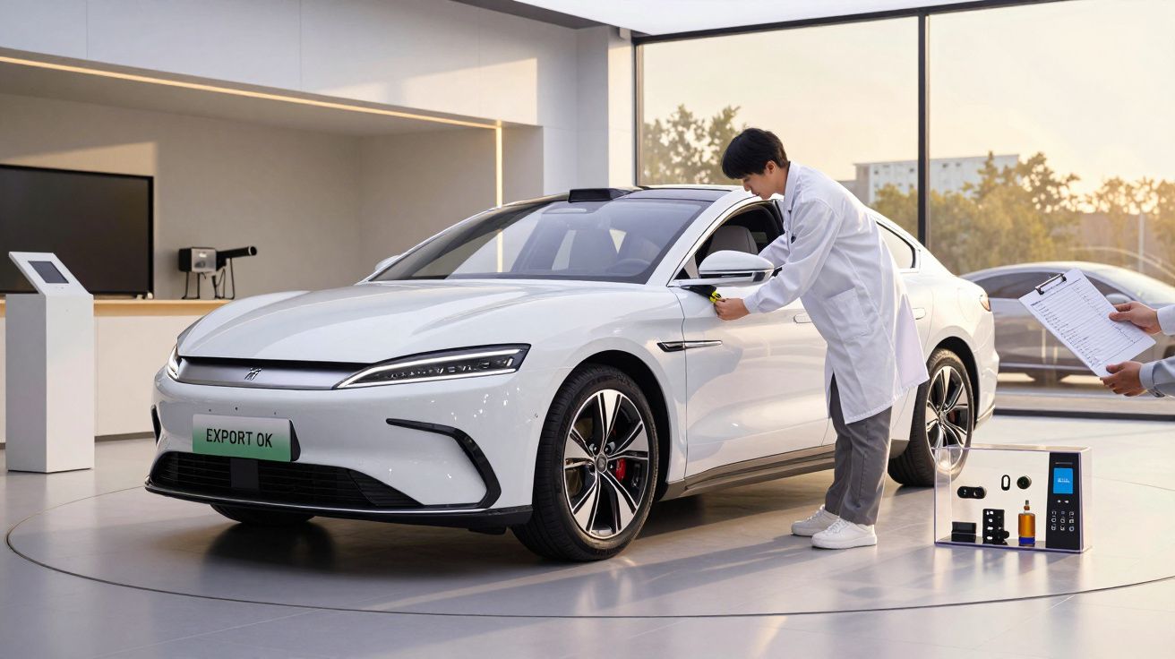 Person in weißem Kittel prüft weißes Auto mit "EXPORT OK" Schild im modernen Ausstellungsraum.