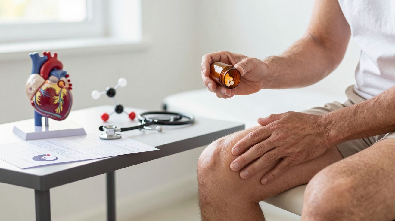 Mann sitzt mit Medikamentenflasche auf einer Bank, Modell eines Herzens und Stethoskop auf einem Tisch daneben.