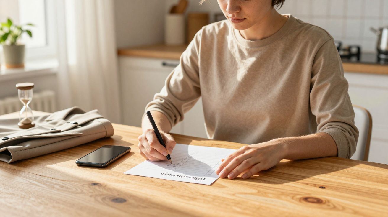 Person schreibt an einem Tisch mit Sonnenlicht, daneben ein Smartphone, Sanduhr und Jacke.