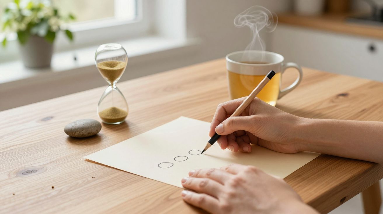 Hand zeichnet Kreise auf Papier, daneben Sanduhr und dampfende Tasse Tee auf Holztisch.