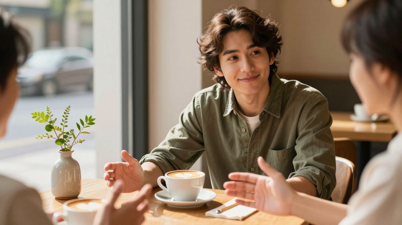 Drei Personen im Café, führen ein Gespräch bei Kaffee. Eine Person lächelt und hört zu, Hände gestikulieren lebhaft.