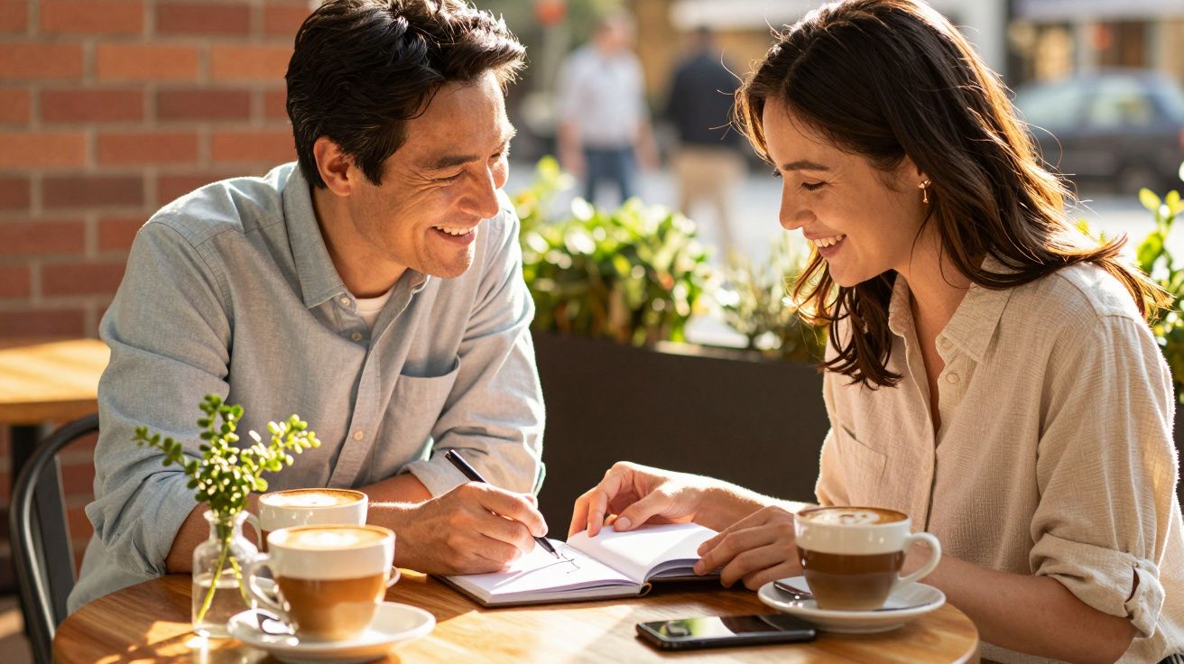 Ein lächelndes Paar im Straßencafé, das gemeinsam Notizen macht und Cappuccino trinkt.
