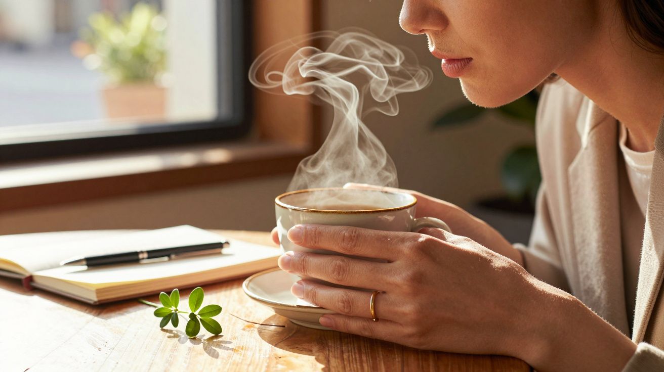 Eine Frau hält eine dampfende Tasse Kaffee, ein Notizbuch und Pflanzenzweig liegen auf dem Tisch nahe am Fenster.