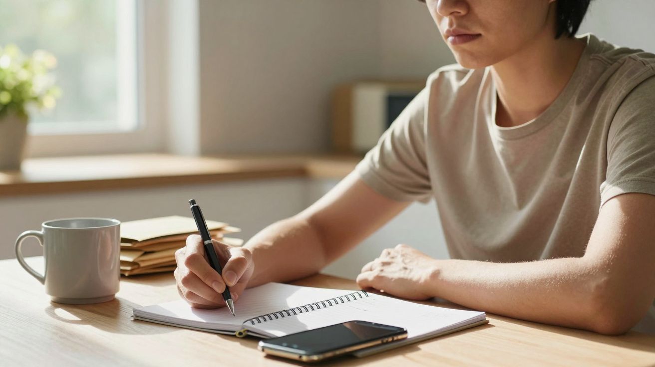 Person schreibt in ein Notizbuch an einem Tisch mit Tasse und Smartphone.