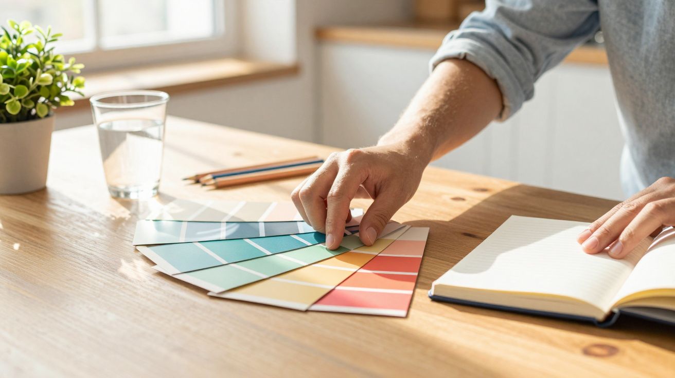 Person, die Farbmuster über einen Tisch betrachtet, daneben Notizbuch, Bleistifte und ein Glas Wasser.