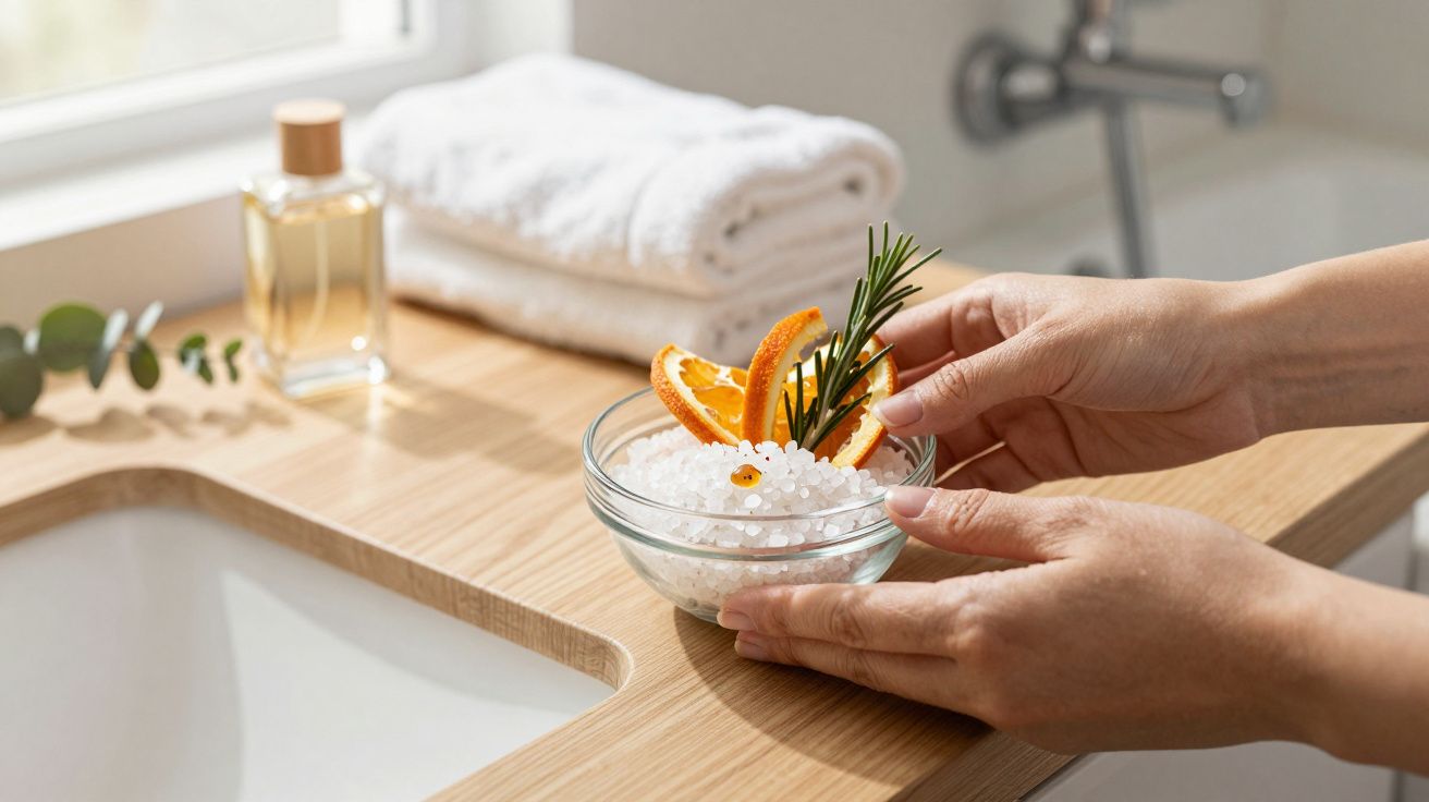 Hände platzieren Schale mit Badesalz, Orangenscheiben und Rosmarin auf einem Holz-Waschtisch im Badezimmer.