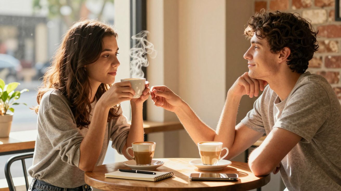 Ein Mann und eine Frau trinken Kaffee in einem gemütlichen Café bei Tageslicht.