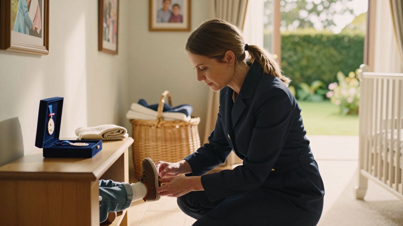 Frau kniet vor Kind, bindet seine Schuhe. Im Zimmer sind Fotos und eine Medaille zu sehen. Garten im Hintergrund.