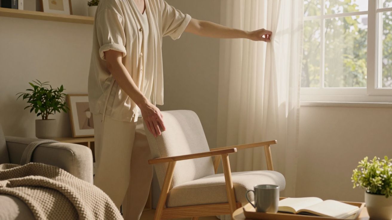 Person in hellem Raum öffnet Vorhänge neben einem gemütlichen Sessel, Bücher und Tasse auf einem Tisch.