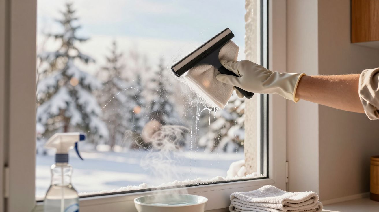 Person in Handschuh reinigt ein Fenster im Winter. Schneelandschaft draußen. Reinigungsmittel auf der Fensterbank.