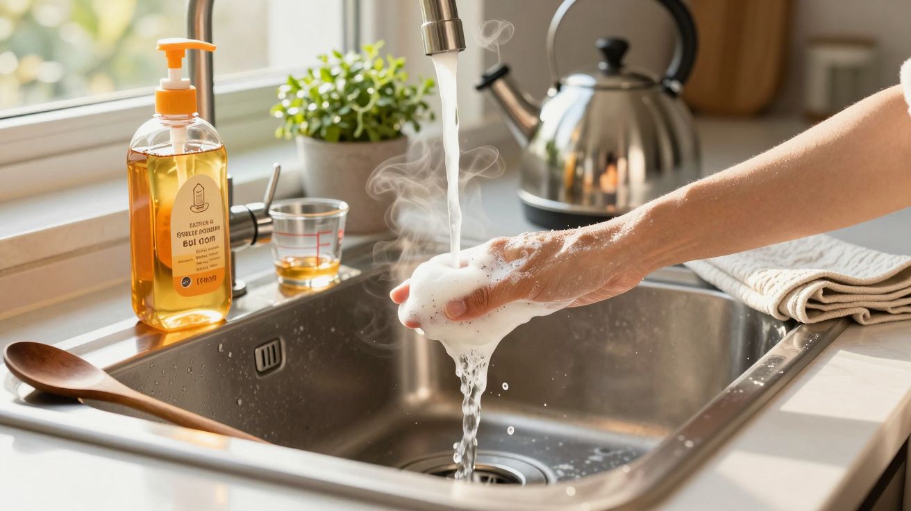 Hand wäscht Geschirr mit Seife unter fließendem Wasser in der Küche; Detail einer Spüle mit Wasserkocher und Pflanze.