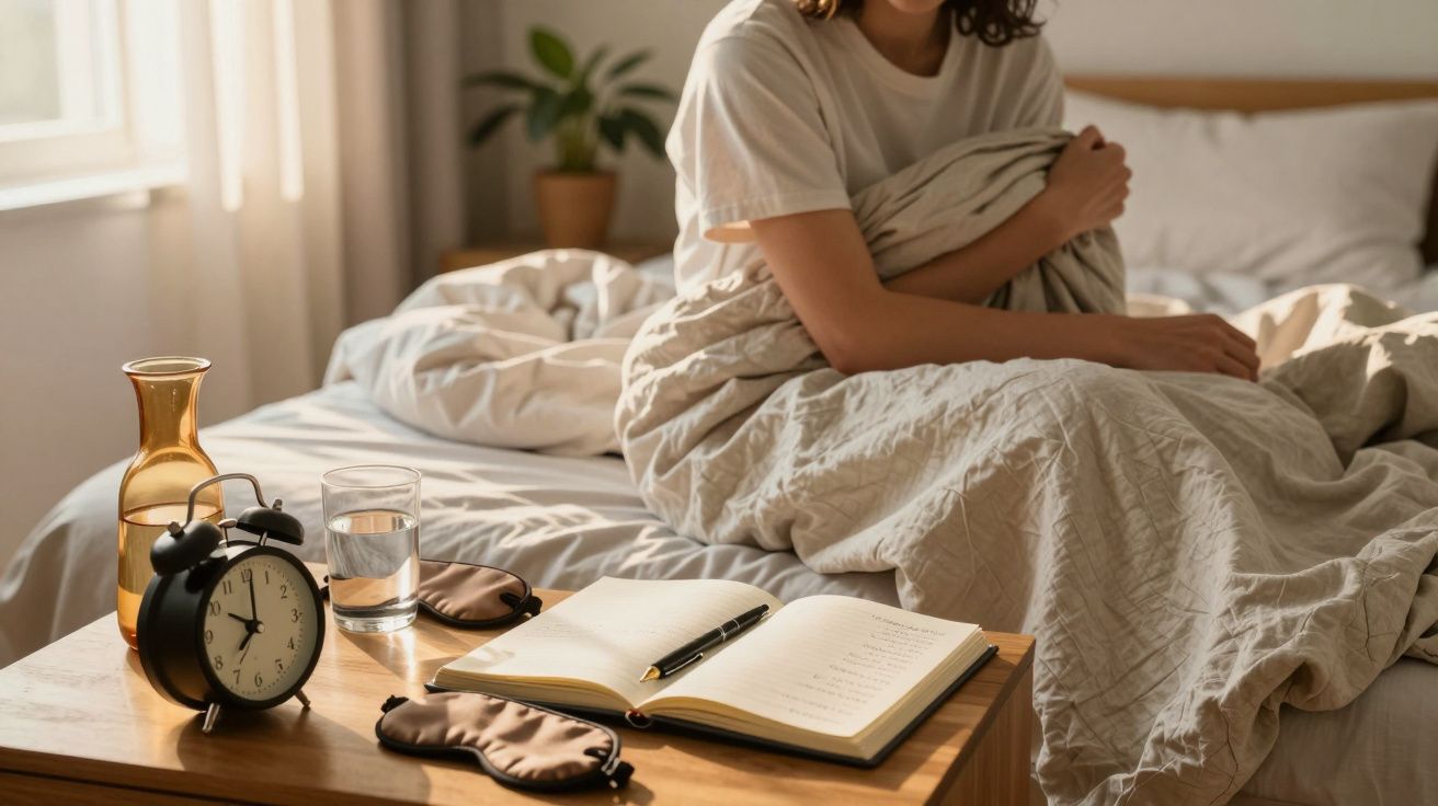Frau sitzt im Bett mit Decke. Nachtkästchen mit Wecker, Wasserglas, Karaffe und offenem Notizbuch.