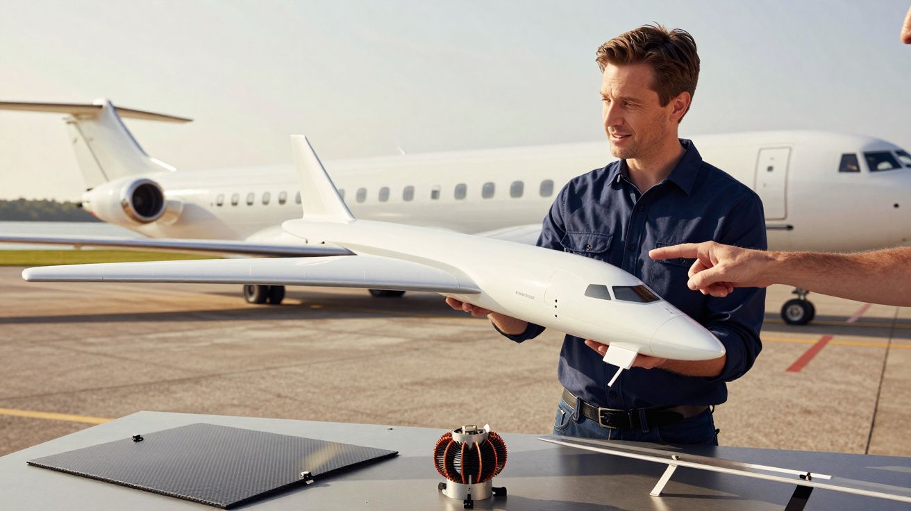 Mann mit Flugzeugmodell neben Privatjet auf Rollfeld. Weitere Person zeigt auf Modell.