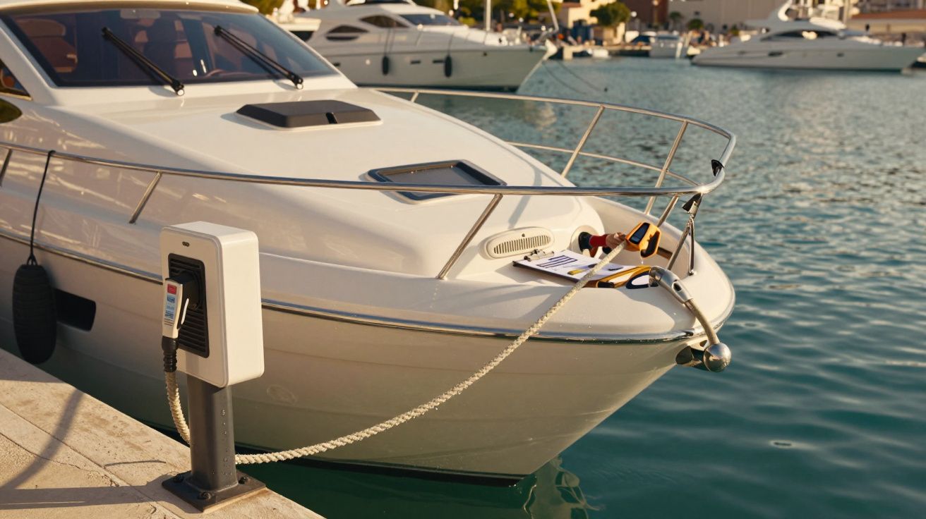 Motorboot am Kai in einem Yachthafen, festgemacht mit einem Seil.