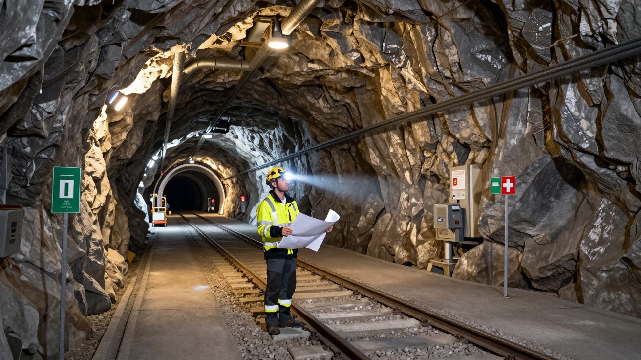 Person im Tunnel mit Bauplan und Helm, beleuchtet von Stirnlampe, neben Bahngleisen und Notfallschildern.