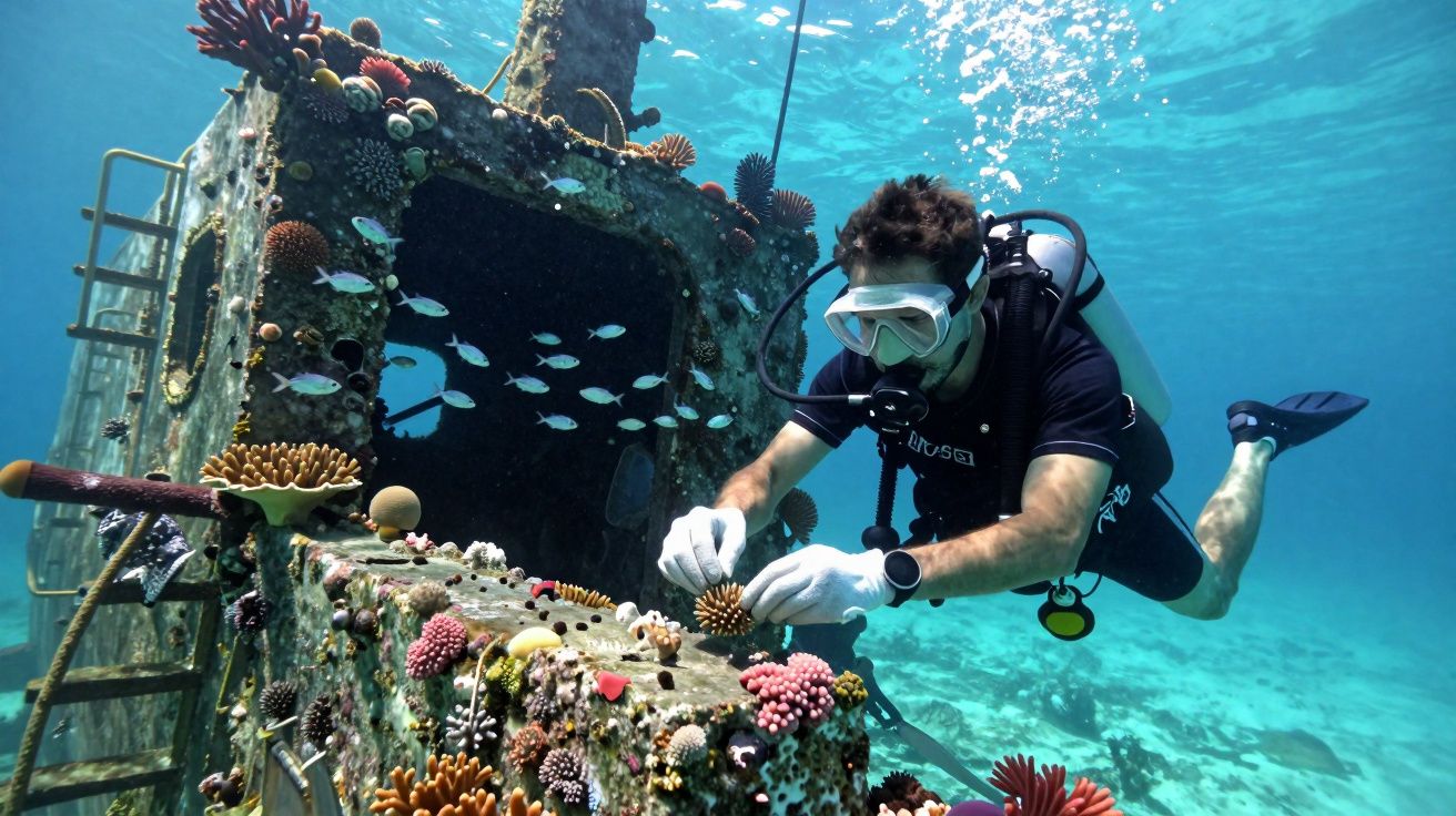 Ein Taucher pflanzt Korallen auf ein versunkenes Wrack, umgeben von Fischen in kristallklarem tropischem Wasser.