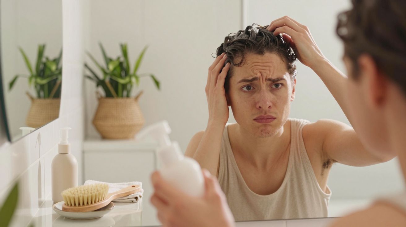Person vor Spiegel prüft Haare, hält Shampoo in der Hand. Im Hintergrund Pflanzen und Pflegeartikel auf dem Waschbecken.