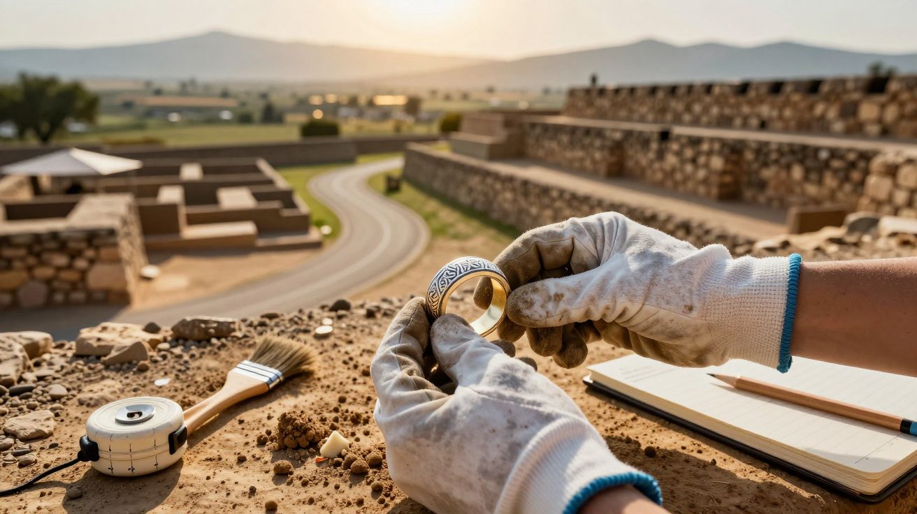 Archäologe untersucht antiken Ring an Ausgrabungsstätte, im Hintergrund Landschaft und Notizbuch.