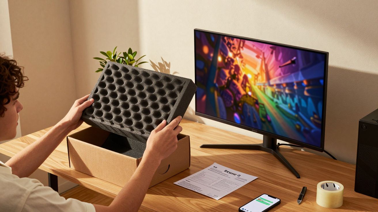 Person öffnet Schachtel mit Schaumstoffeinlage auf Schreibtisch; daneben Bildschirm, Smartphone und Dokumente.