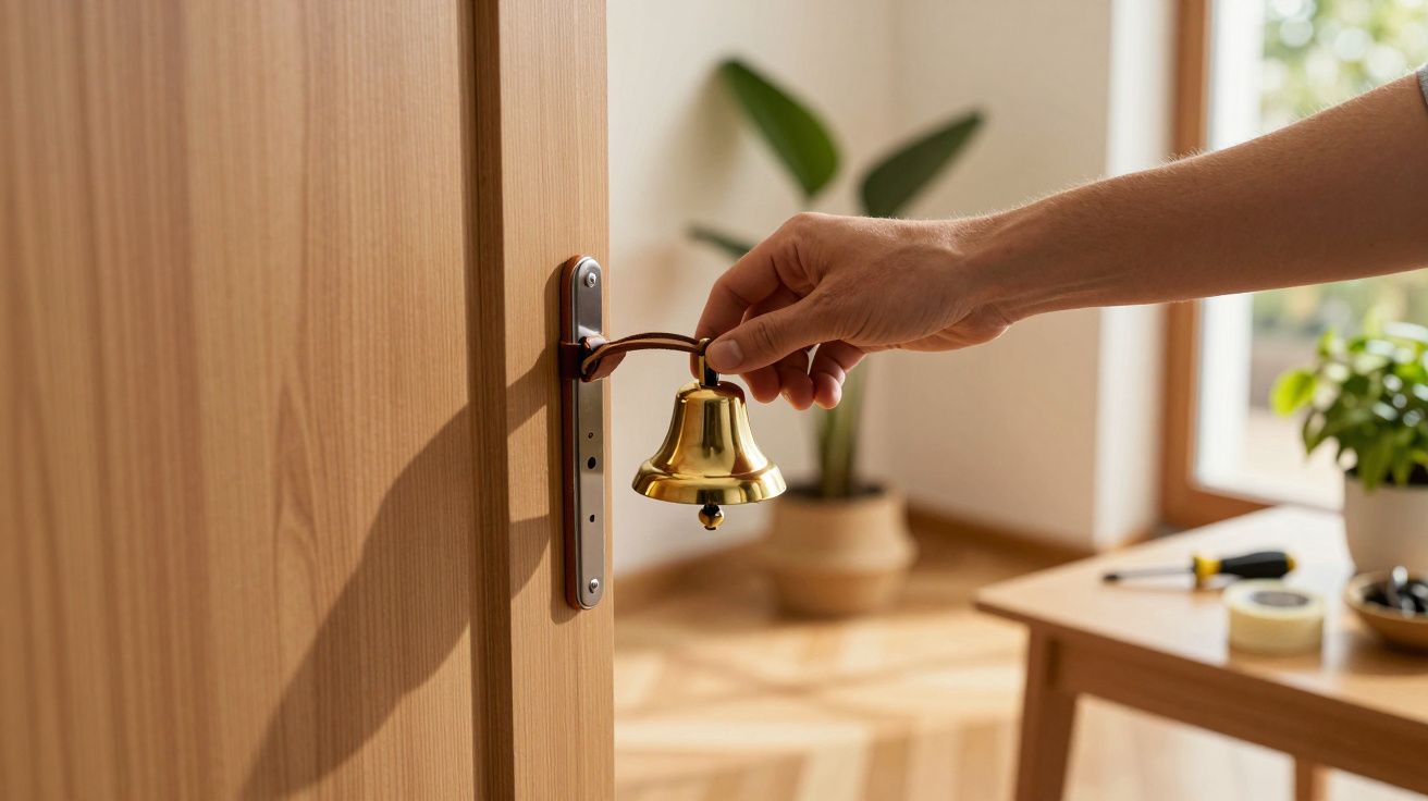 Hand läutet goldene Glocke an offener Tür, Wohnzimmer mit Pflanzen im Hintergrund.