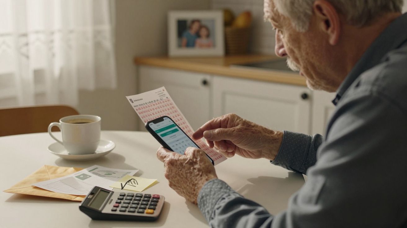 Älterer Mann am Tisch, nutzt Smartphone und Taschenrechner, während er Finanzdokumente überprüft.