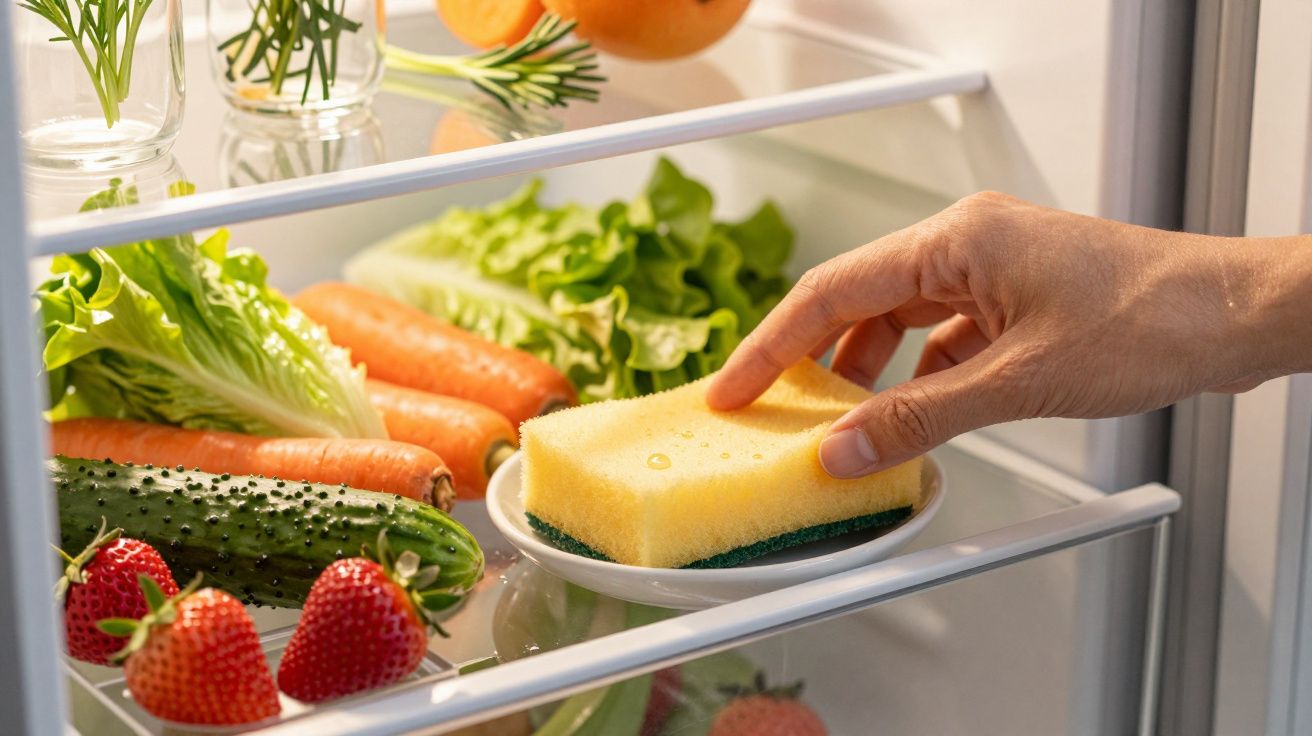 Eine Hand greift nach einem Schwamm auf einem Teller im Kühlschrank, umgeben von Gemüse und Erdbeeren.