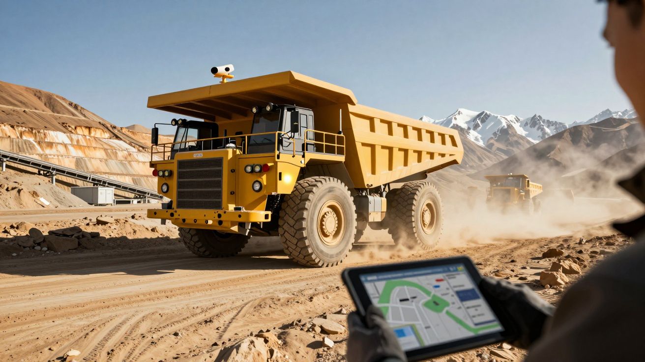 Gelber Muldenkipper auf staubiger Baustelle in den Bergen, gesteuert über ein Tablet.