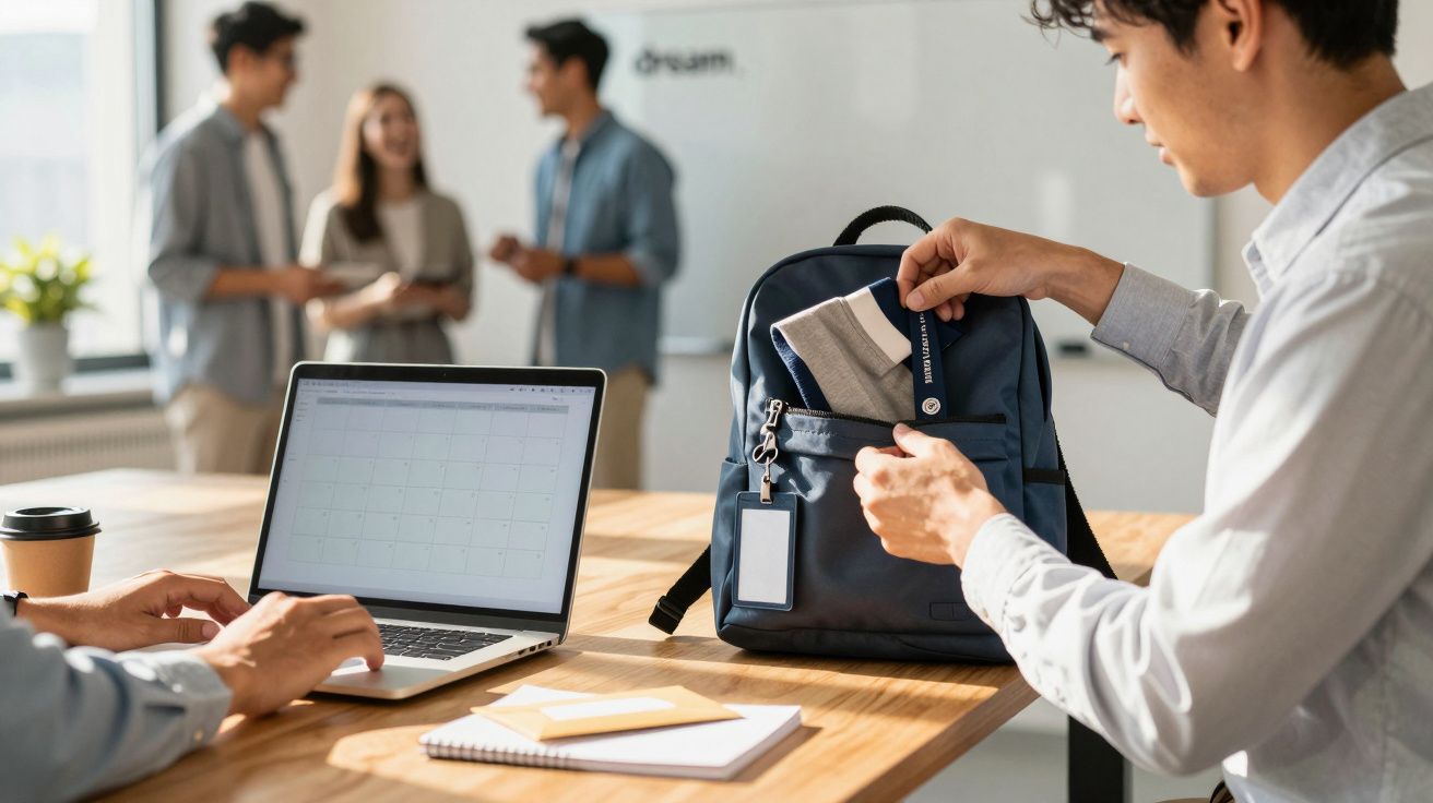 Mann packt Rucksack, während andere Personen im Hintergrund am Tisch stehen; Laptop und Kaffee links im Bild.