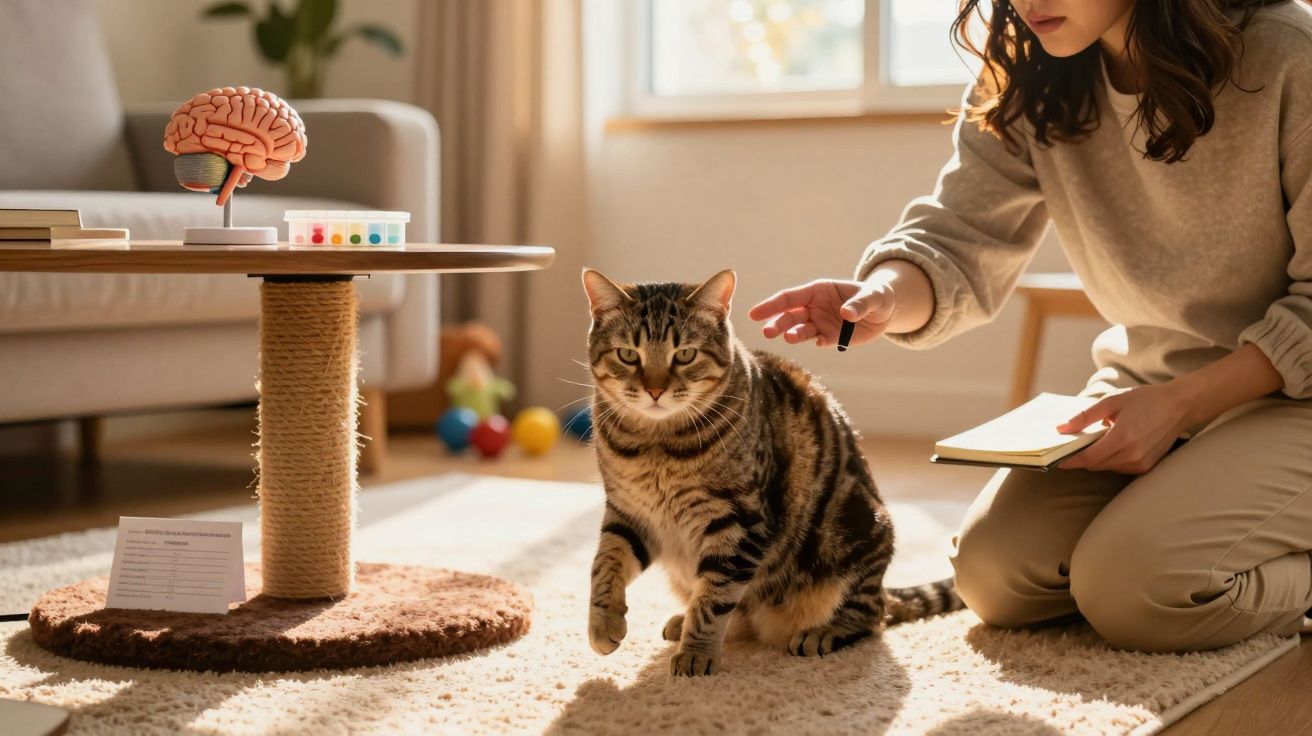 Frau streichelt eine getigerte Katze neben einem Kratzbaum, auf dem ein Modell eines Gehirns steht, im gemütlichen Wohnzimmer