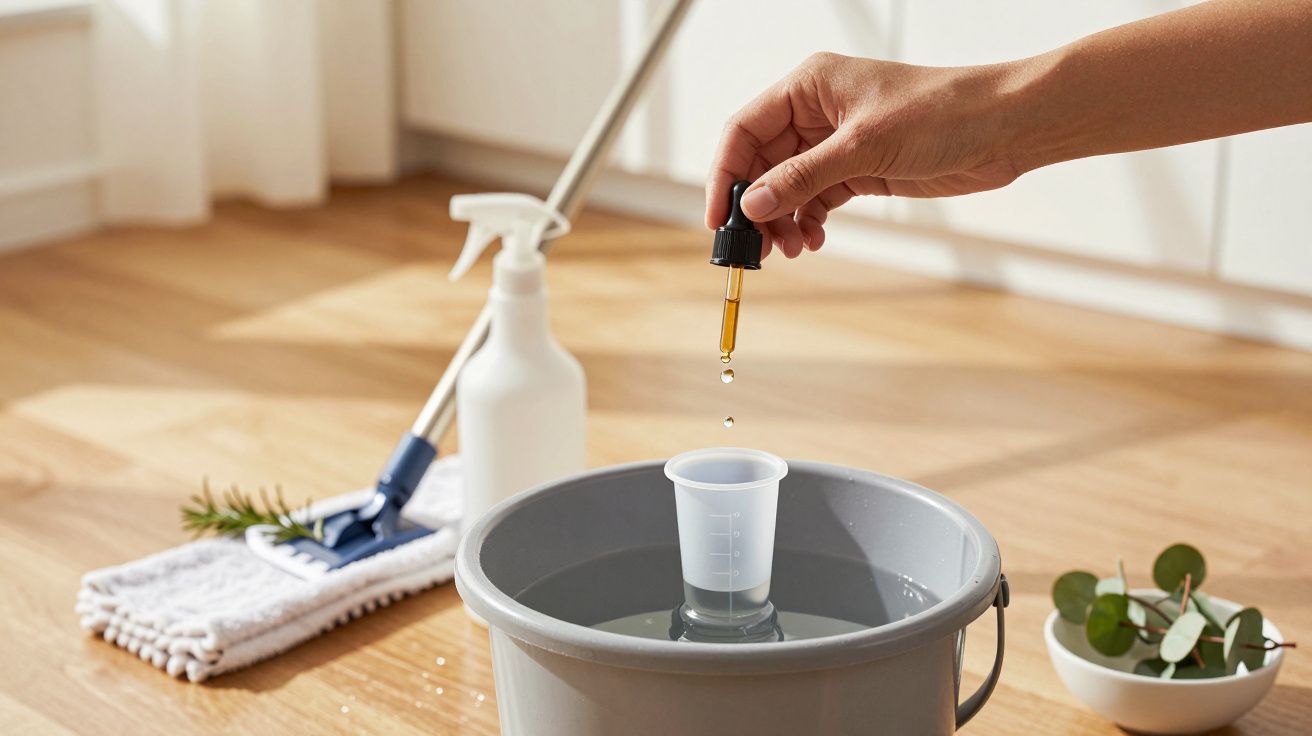 Hand tropft Öl in Eimer mit Wasser, daneben Putzutensilien auf Holzboden.