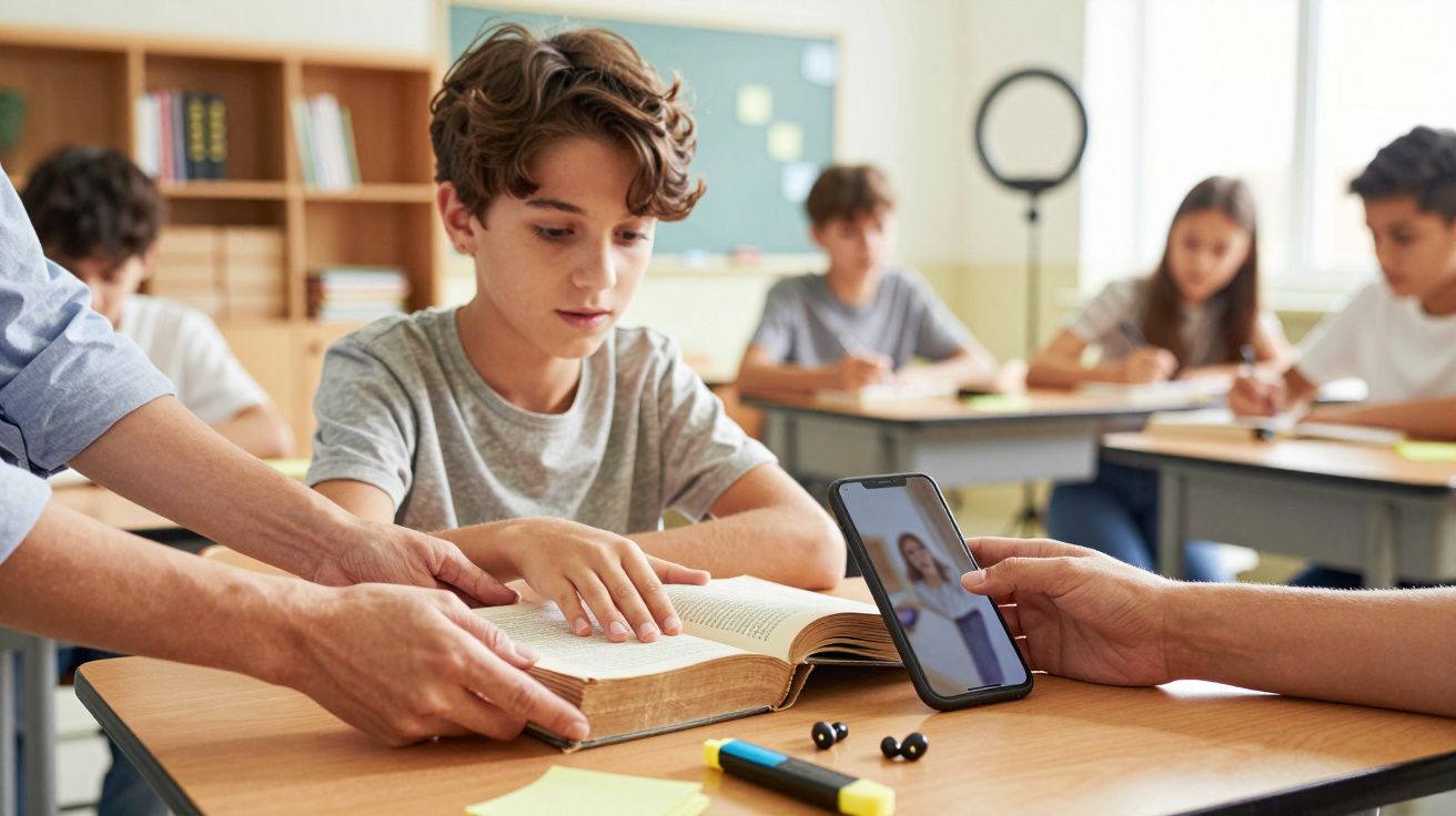 Ein Junge liest in einem Klassenzimmer ein Buch, umgeben von Mitschülern; ein Smartphone zeigt ein Videochat.