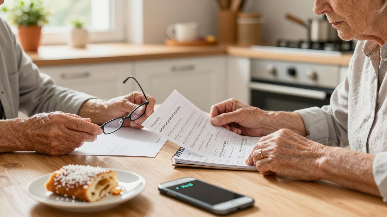 Älteres Paar am Tisch überprüft Dokumente, mit Brille und Smartphone auf dem Tisch, im Hintergrund eine helle Küche.