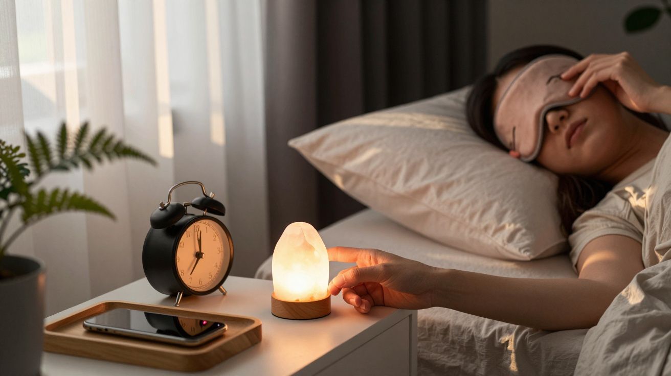 Frau schläft mit Schlafmaske, berührt Salzlampe, Wecker und Smartphone auf dem Nachttisch, Vorhänge leicht geöffnet.