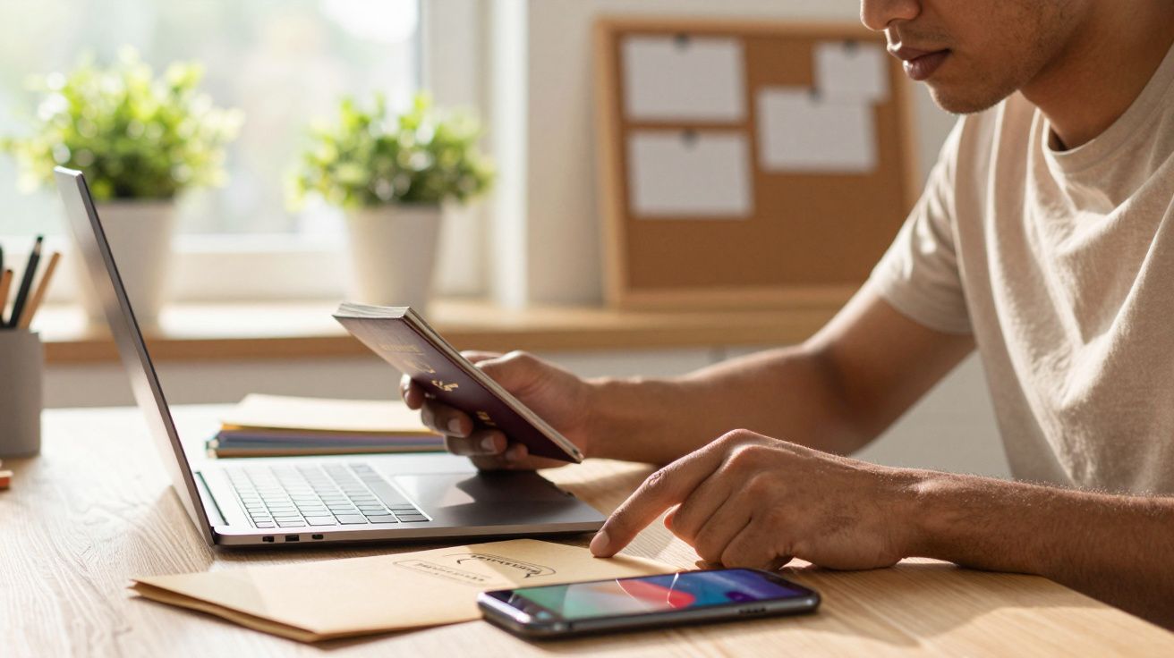 Mann am Schreibtisch nutzt Laptop und Smartphone, hält Reisepass in der Hand. Im Hintergrund Pflanzen und Fenster.