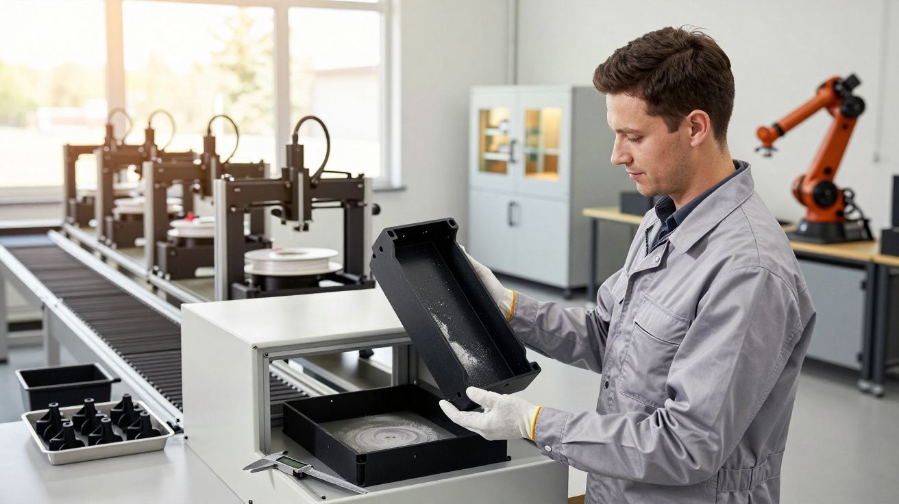 Ein Mann in Arbeitskleidung prüft ein Bauteil in einer modernen Fabrikumgebung mit Maschinen im Hintergrund.