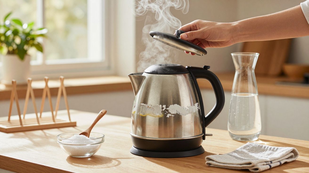 Hand hebt Deckel von dampfendem Wasserkocher in Küche, daneben Glas Wasser und Schüssel mit Salz.