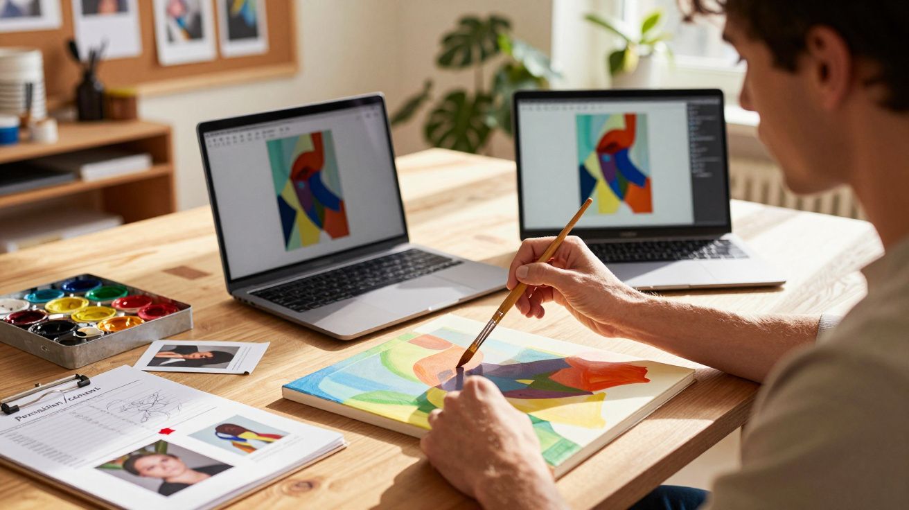 Person malt abstrakte Kunst mit Pinsel am Schreibtisch, zwei Laptops im Hintergrund.