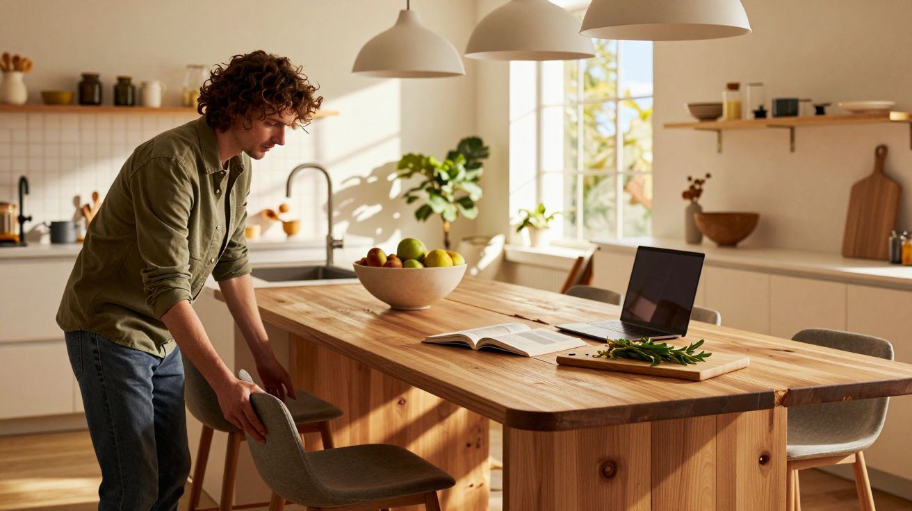 Mann in moderner Küche richtet Stuhl an Holztisch aus. Auf dem Tisch Fruchtschale, Laptop, Buch und Kräuterbrett.