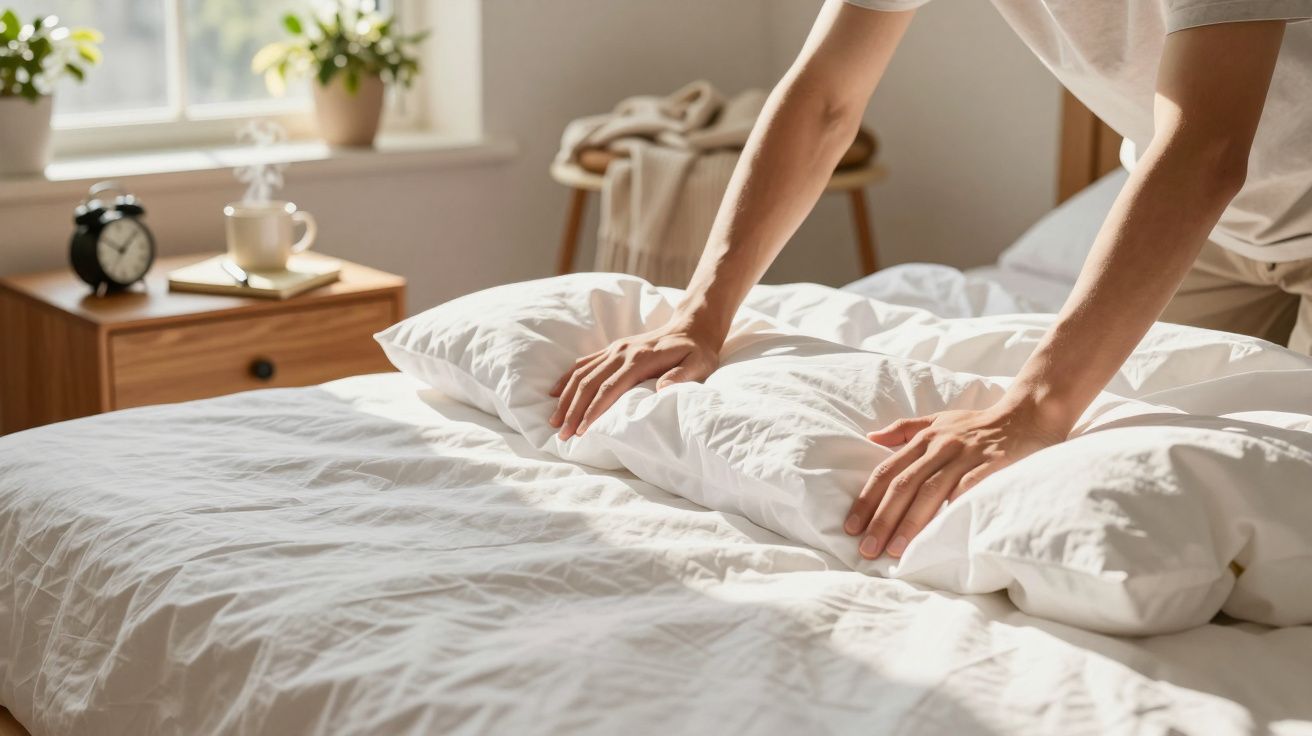 Person beim Bettenmachen, helle und gemütliche Atmosphäre. Im Hintergrund Nachtkästchen mit Pflanze und Wecker.