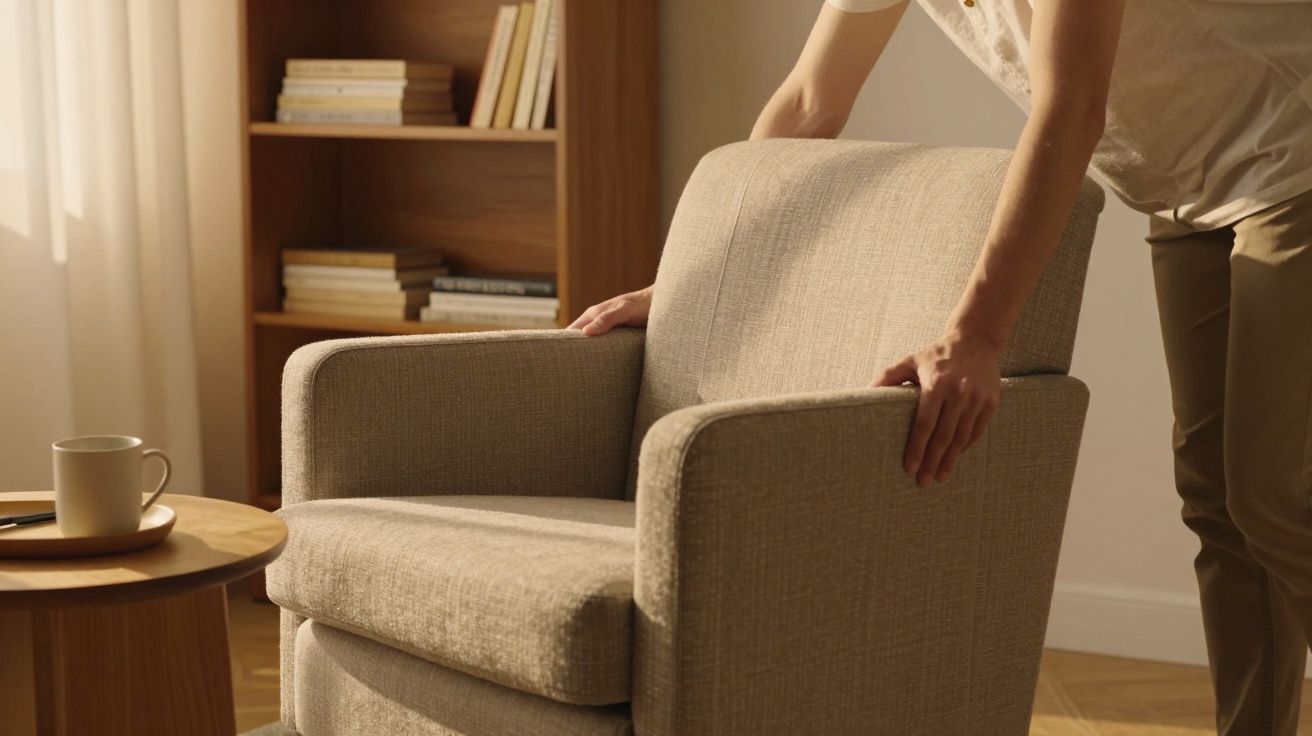 Person justiert einen beigen Sessel neben einem Holztisch mit Tasse und Bücherregal im Hintergrund.