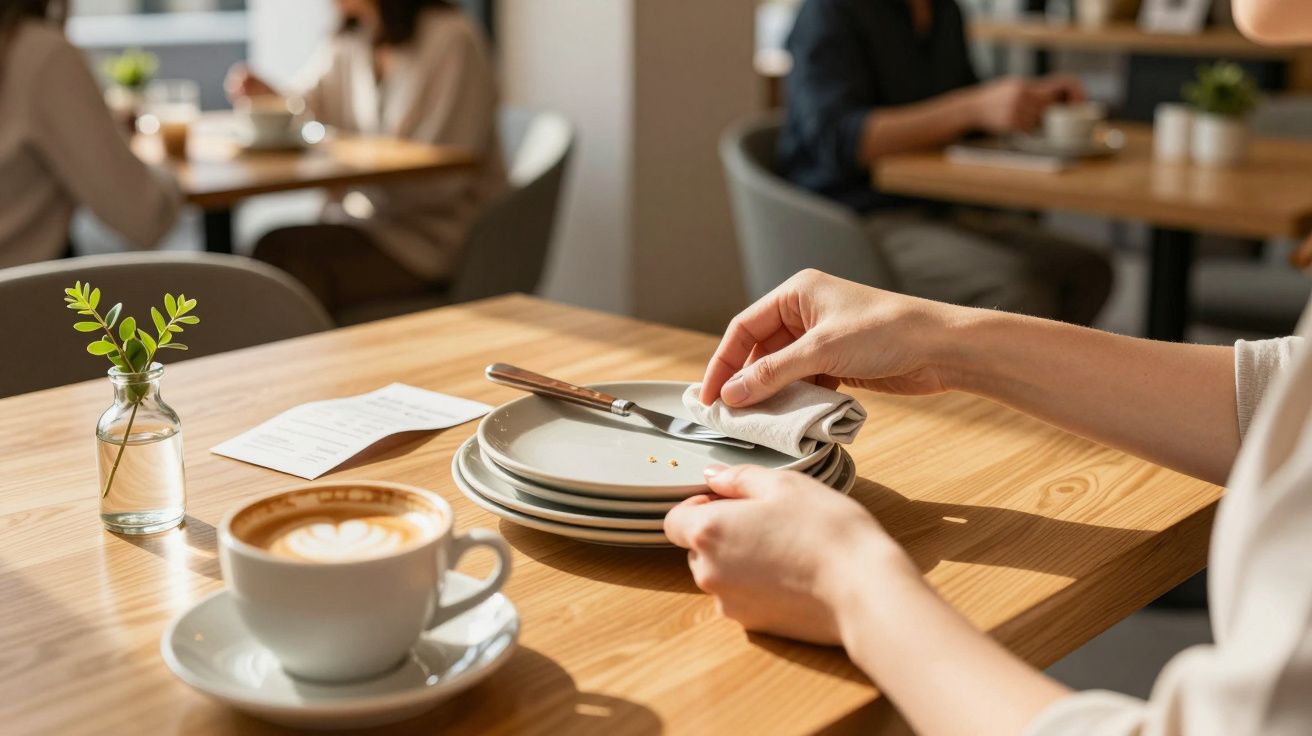 Person im Café, stapelt Teller und Besteck. Im Vordergrund steht eine Tasse Kaffee, Hintergrund unscharf mit weiteren Gästen.