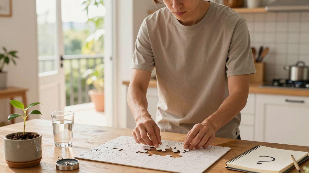 Ein Mann im grauen T-Shirt setzt ein Puzzle zusammen, auf einem Tisch stehen ein Glas Wasser, ein Notizbuch und eine Pflanze.