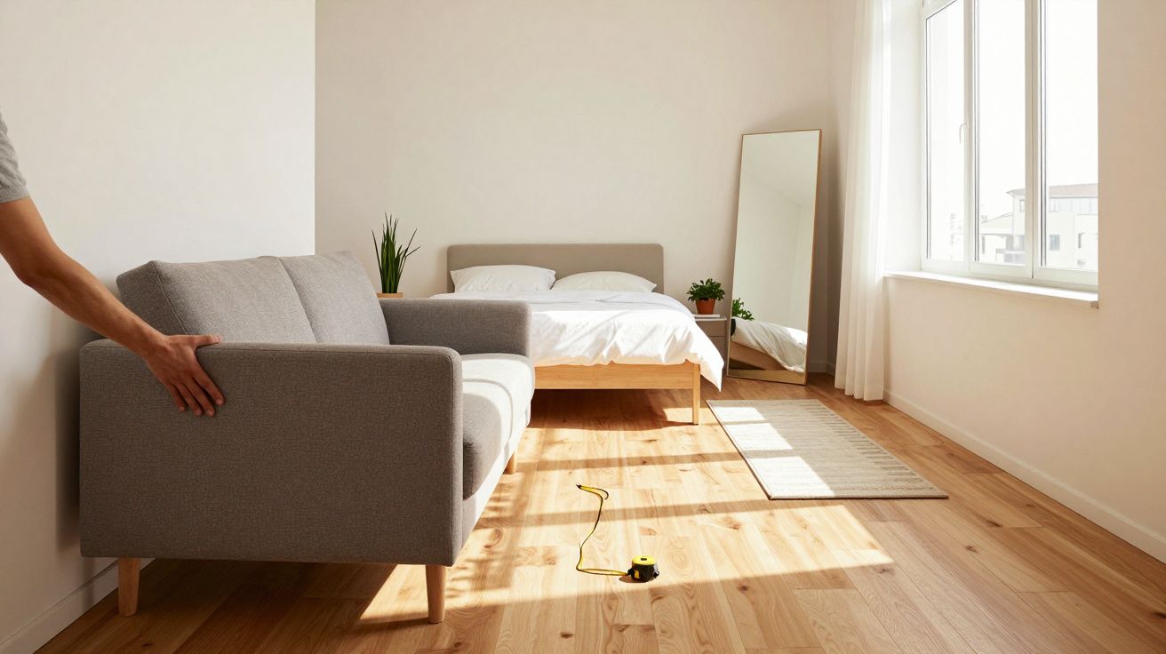 Helles Schlafzimmer mit grauem Sofa, Bett, großem Spiegel und Pflanzen. Ein Maßband liegt auf dem Holzboden.