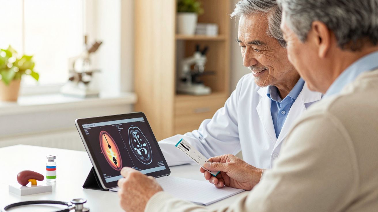 Arzt zeigt älterem Patienten Nieren-Scans auf Tablet in gemütlicher Praxis.