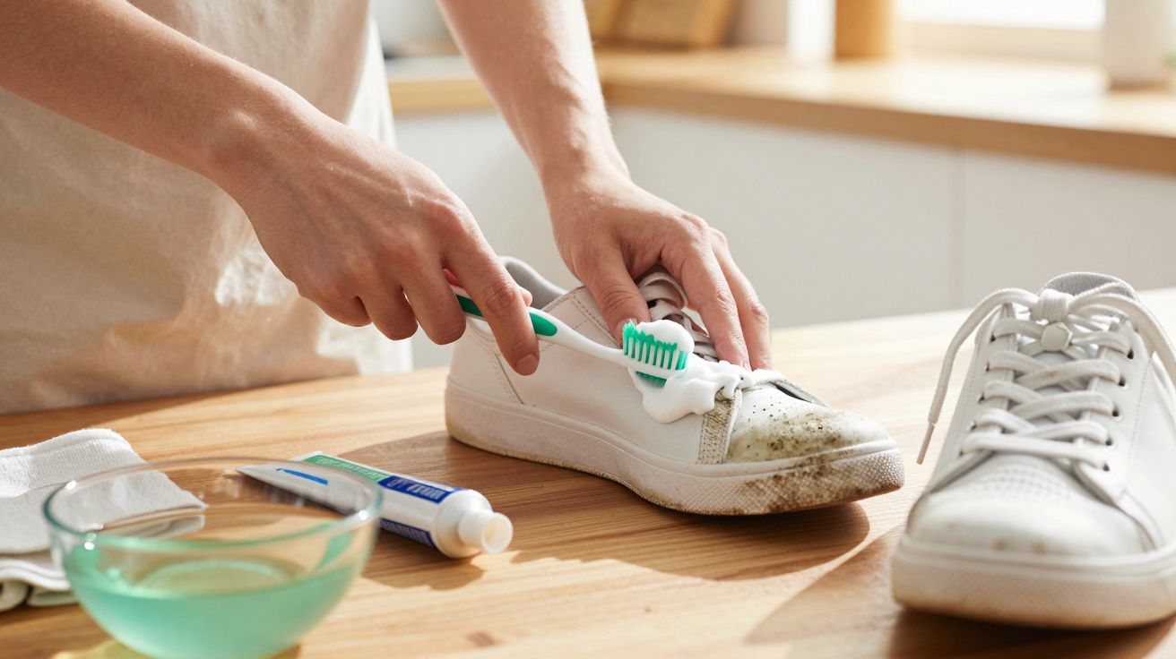 Person reinigt weiße Turnschuhe mit Zahnbürste und Zahnpasta auf einem Holztisch in heller Küche.