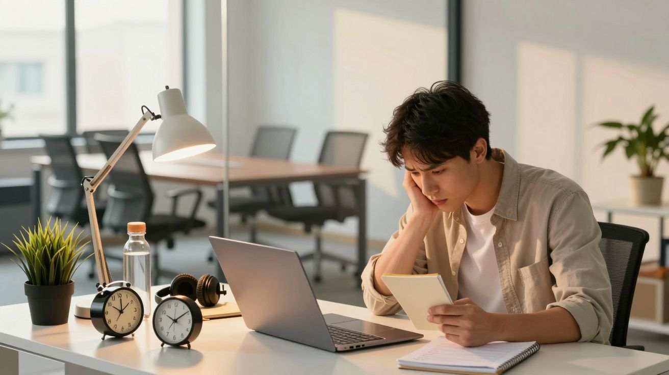 Ein Mann sitzt an einem Schreibtisch mit Laptop, Notizbuch und Pflanzen. Er liest ein Notizblatt und wirkt konzentriert.